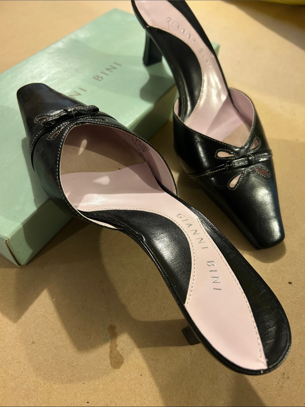 Gianni Bini Black Leather Pointed Slingback Mules
